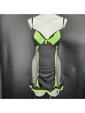 Chemise Large 36B Black Green Lace Satin Mesh Garter G-String Lingerie Sexy